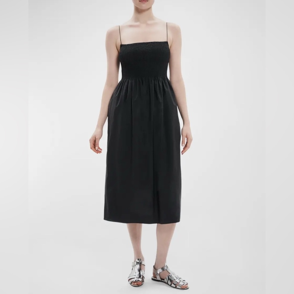Theory Black Smocked Square Neck Midi Dress with Pockets – Size Small